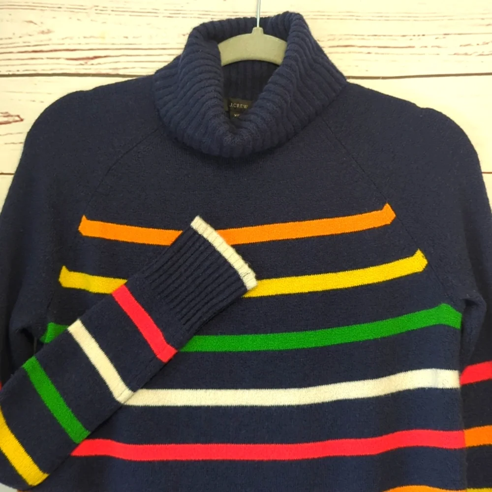 J. Crew XS Rainbow Multistripe‎ Supersoft Yarn Turtleneck Sweater Pride Cozy